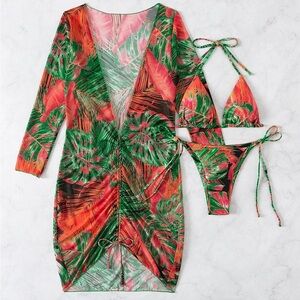 🌴 Tropical Print 3-Piece Bikini Set with Sheer Cover-Up 🌴